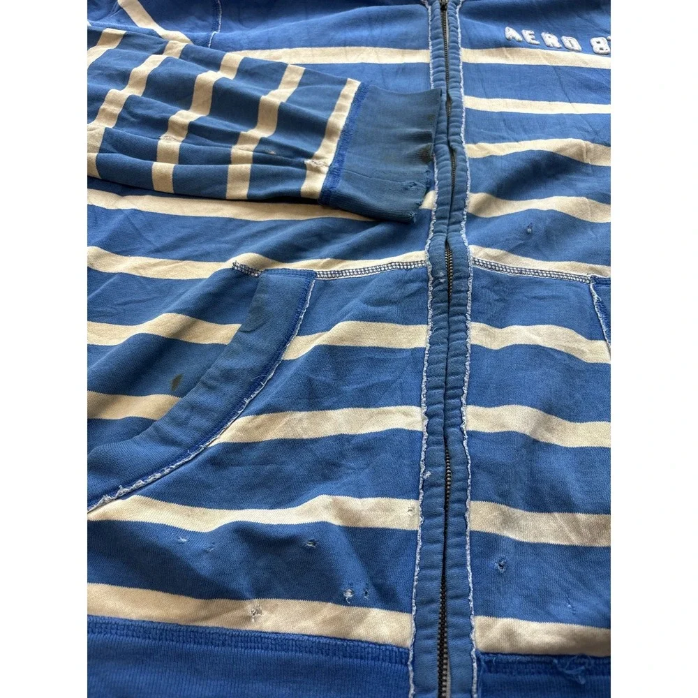 Aeropostale Mens XXL Full Zip Hoodie Blue Cream Striped AERO 87 Hooded Zip Up